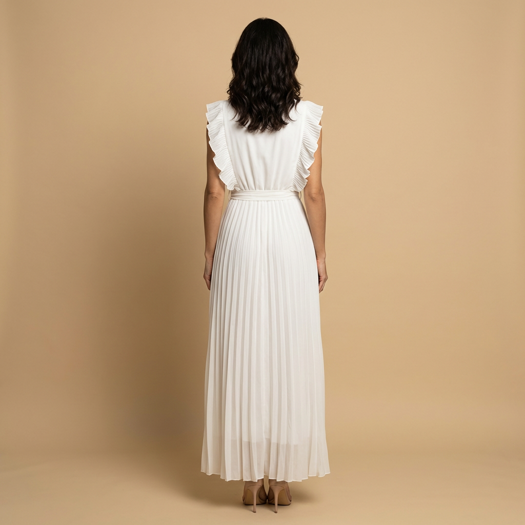 Vestido Largo Mujer Plisado Volantes Cinturón Ajustado