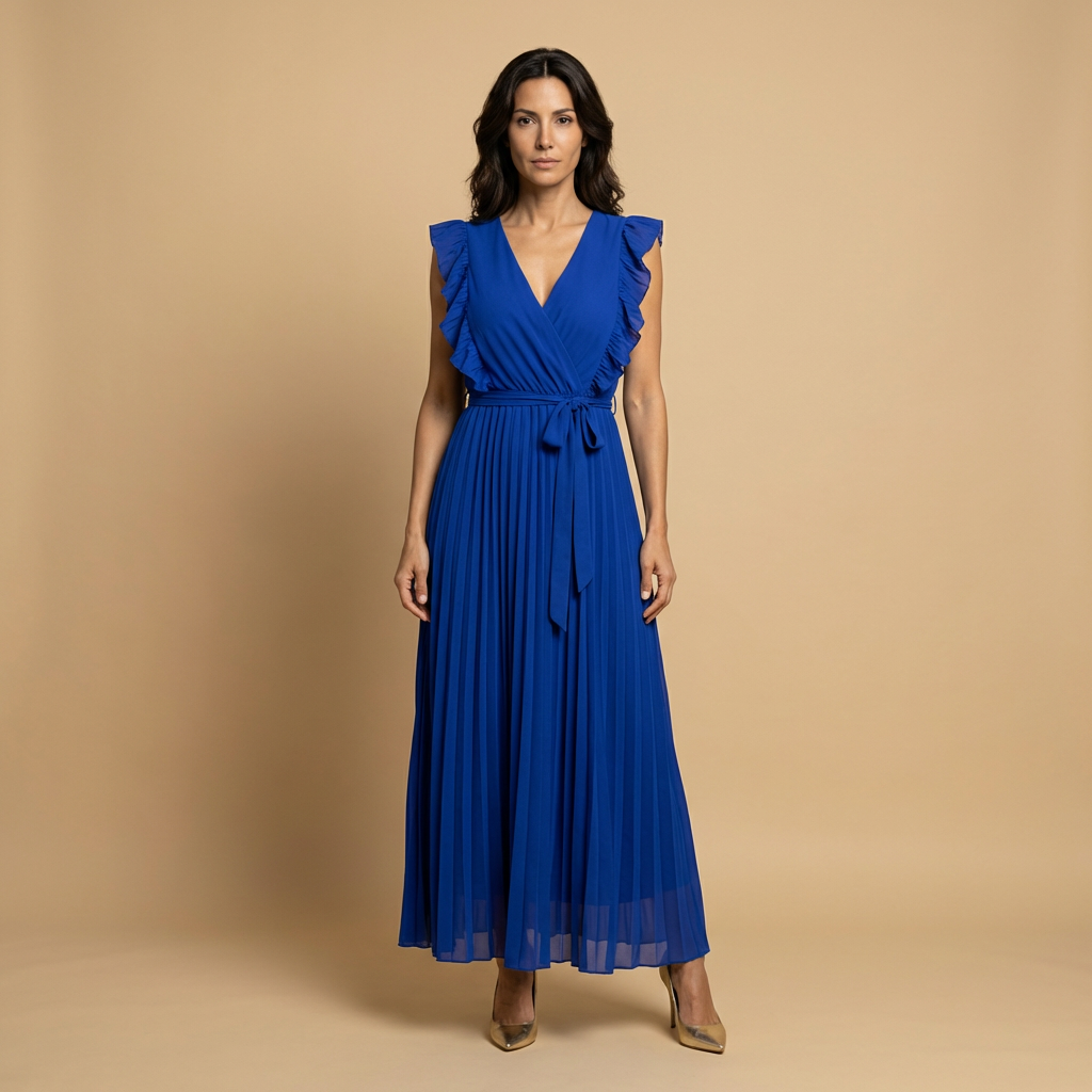 Vestido Largo Mujer Plisado Volantes Cinturón Ajustado