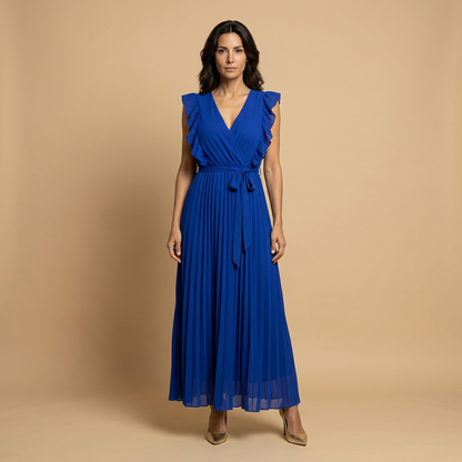 Vestido Largo Mujer Plisado Volantes Cinturón Ajustado