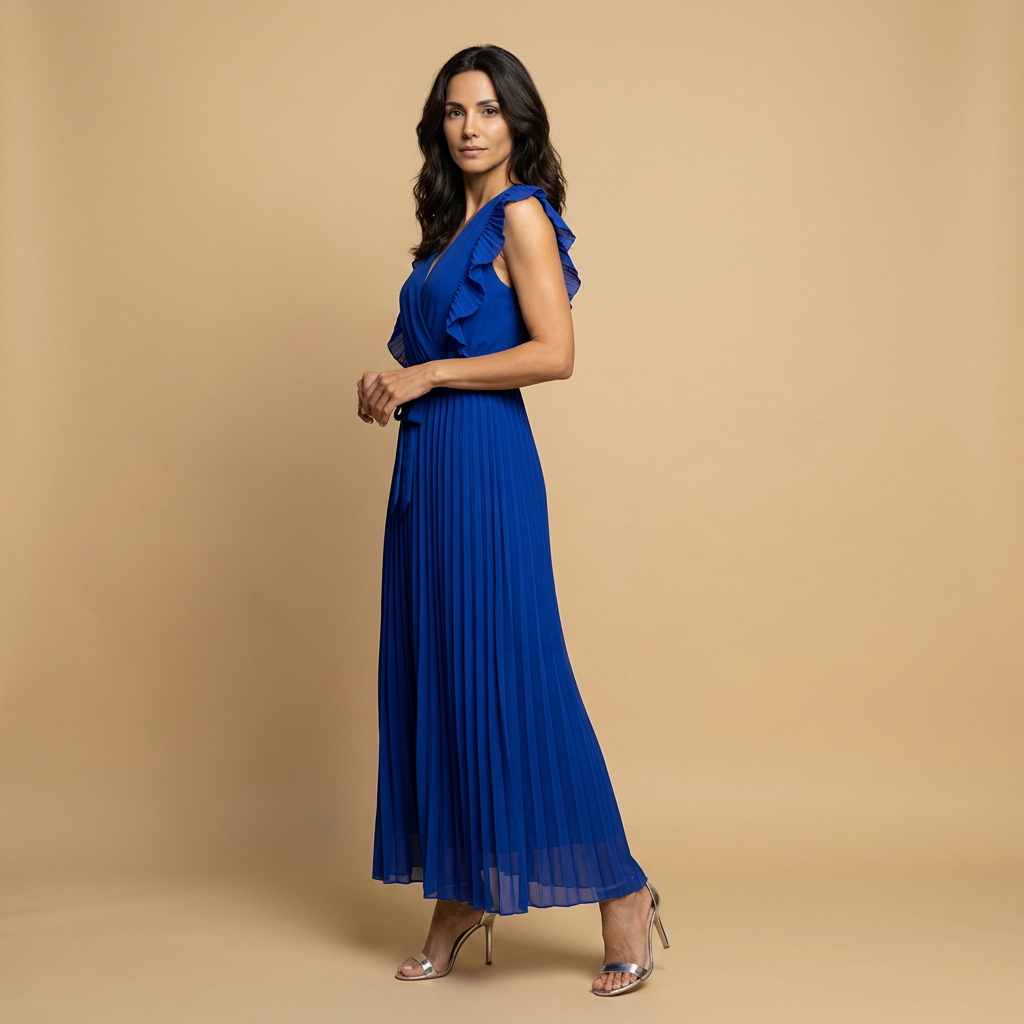 Vestido Largo Mujer Plisado Volantes Cinturón Ajustado