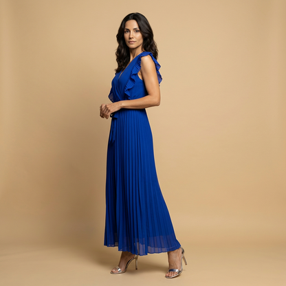 Vestido Largo Mujer Plisado Volantes Cinturón Ajustado