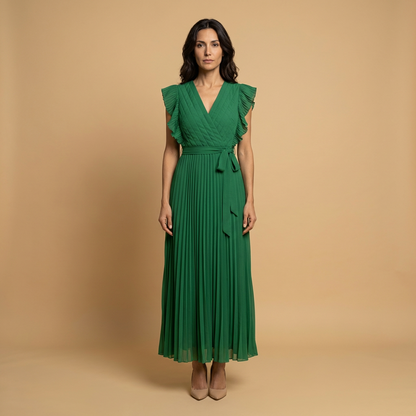 Vestido Largo Mujer Plisado Volantes Cinturón Ajustado