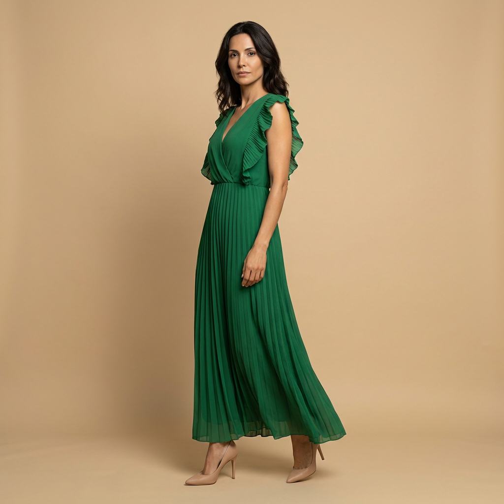 Vestido Largo Mujer Plisado Volantes Cinturón Ajustado