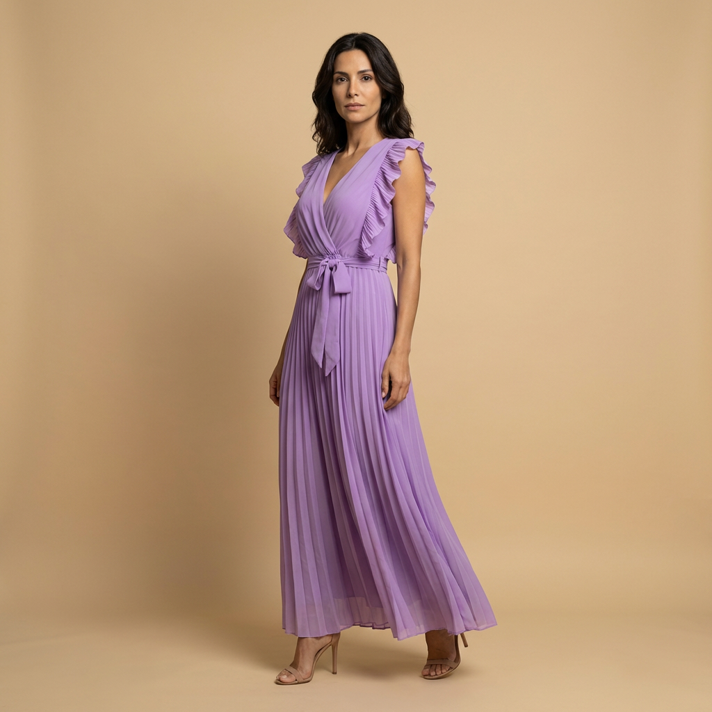 Vestido Largo Mujer Plisado Volantes Cinturón Ajustado
