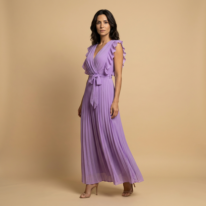 Vestido Largo Mujer Plisado Volantes Cinturón Ajustado