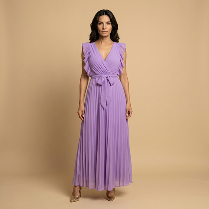 Vestido Largo Mujer Plisado Volantes Cinturón Ajustado