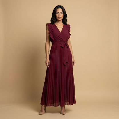 Vestido Largo Mujer Plisado Volantes Cinturón Ajustado