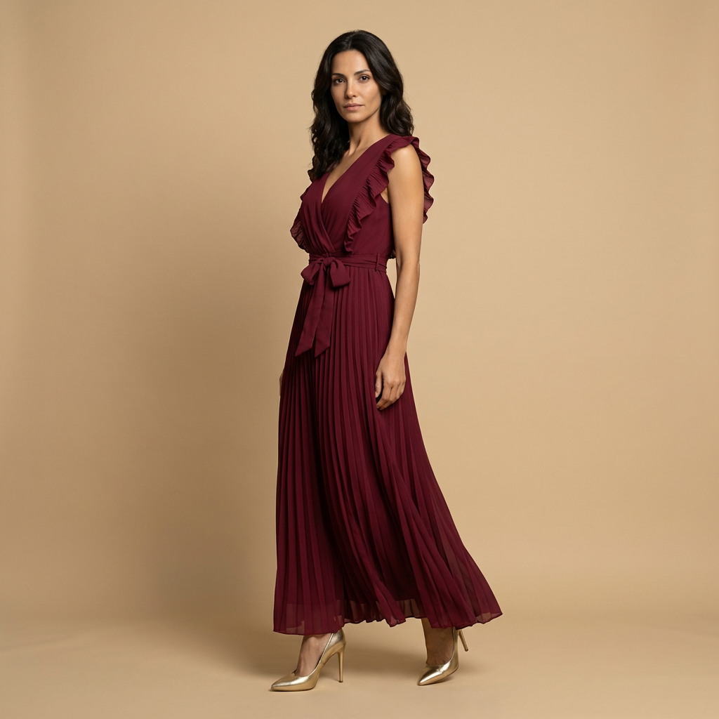 Vestido Largo Mujer Plisado Volantes Cinturón Ajustado