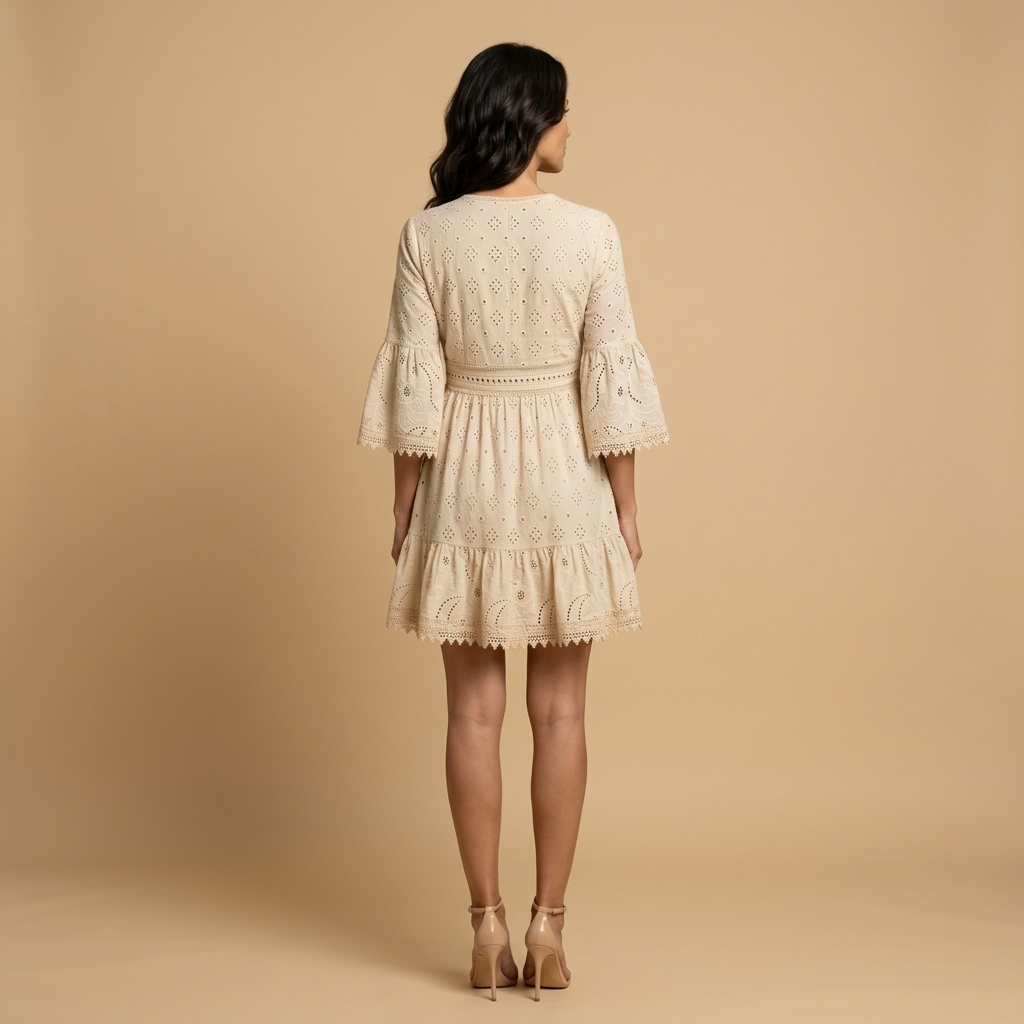 Vestido Corto Mujer de Encaje Bordado Inglés Estilo Boho