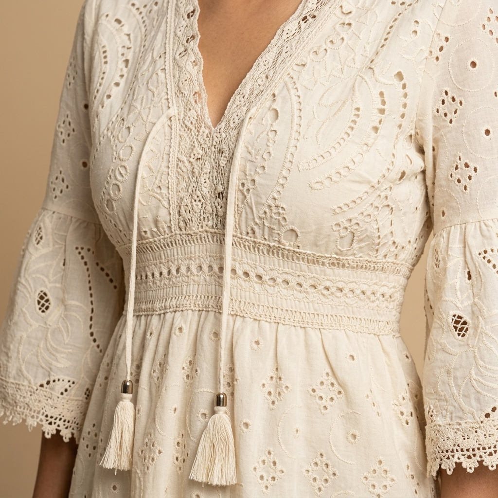 Vestido Corto Mujer de Encaje Bordado Inglés Estilo Boho