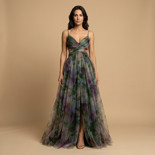 Vestido Largo Mujer de Tul Floral con Tirantes Finos Cut-out - Mavetta