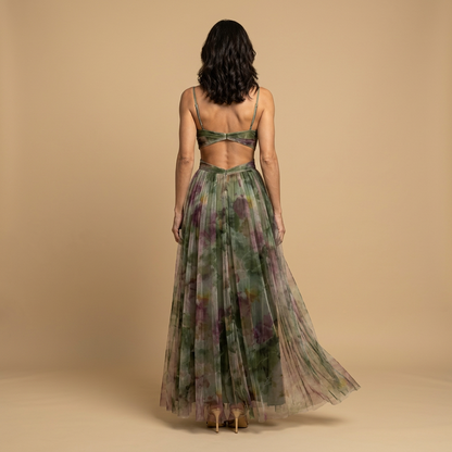 Vestido Largo Mujer de Tul Floral con Tirantes Finos Cut-out