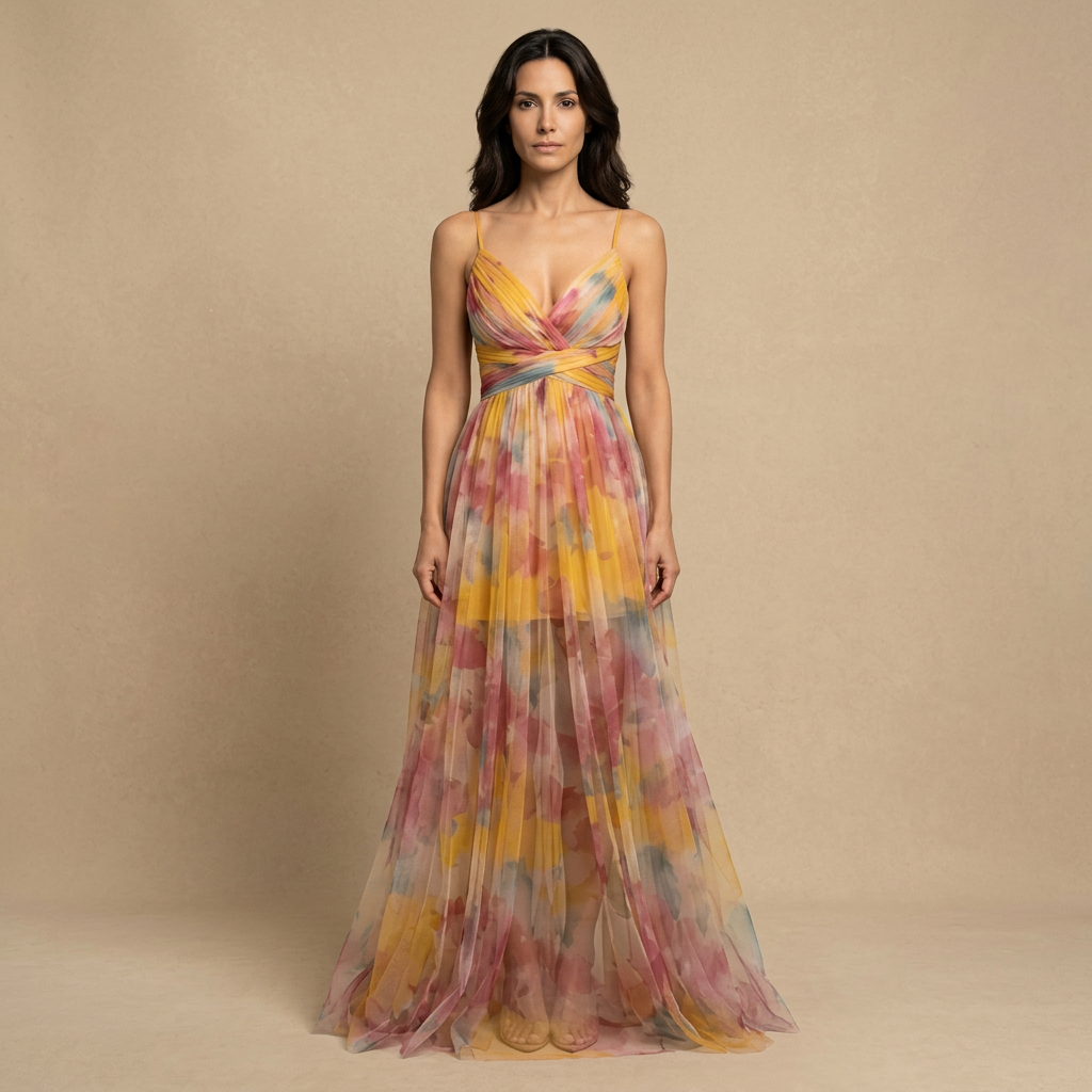 Vestido Largo Mujer de Tul Floral con Tirantes Finos Cut-out