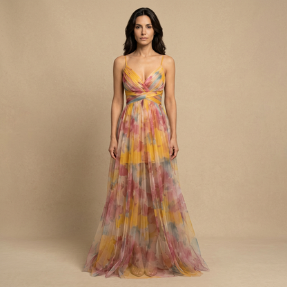 Vestido Largo Mujer de Tul Floral con Tirantes Finos Cut-out