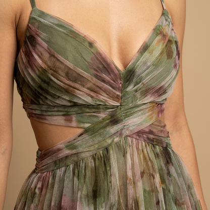 Vestido Largo Mujer de Tul Floral con Tirantes Finos Cut-out