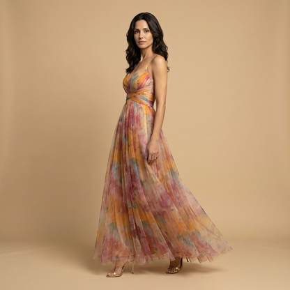Vestido Largo Mujer de Tul Floral con Tirantes Finos Cut-out