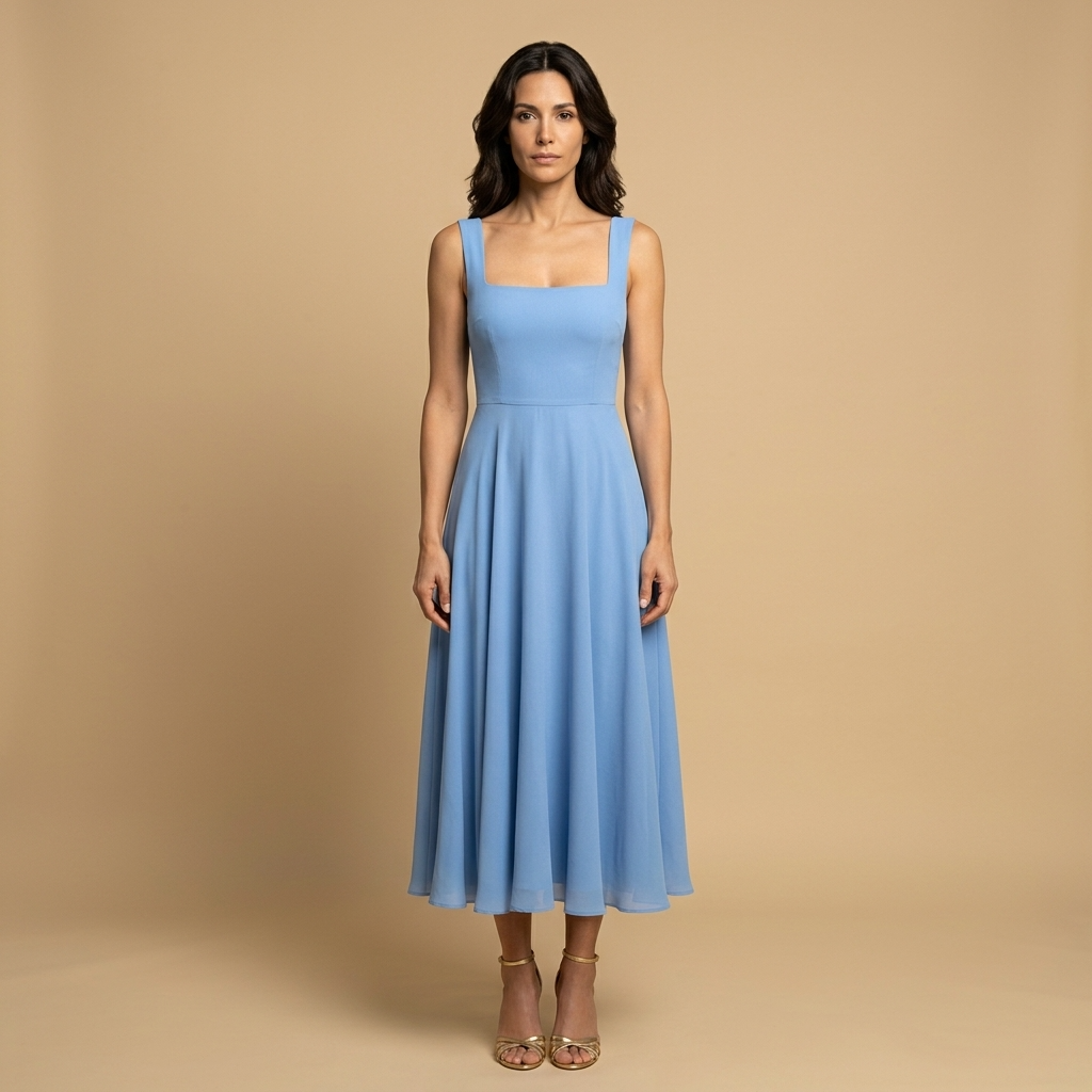 Vestido Midi Mujer de Lino Corset Escote Cuadrado Falda de Vuelo