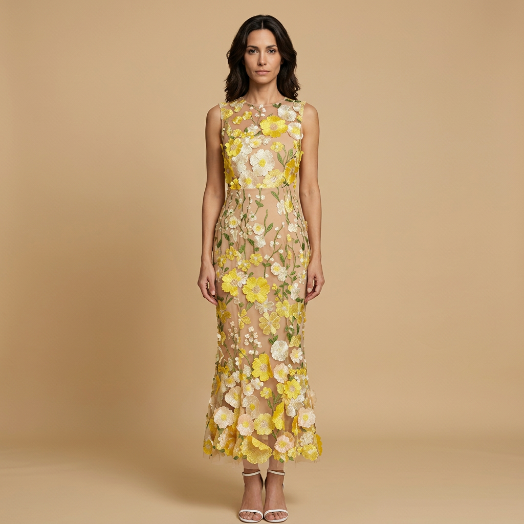 Vestido Largo Mujer de Tul Bordado Floral con Apliques 3D - Mavetta