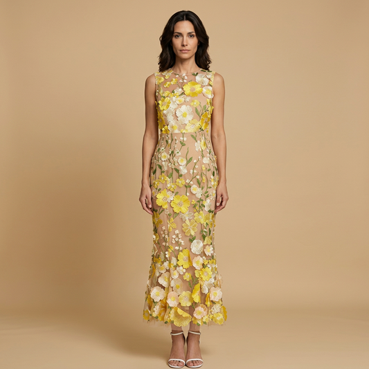 Vestido Largo Mujer de Tul Bordado Floral con Apliques 3D - Mavetta