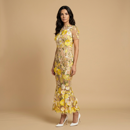 Vestido Largo Mujer de Tul Bordado Floral con Apliques 3D