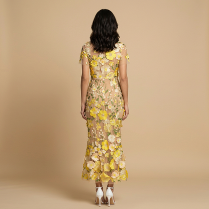 Vestido Largo Mujer de Tul Bordado Floral con Apliques 3D