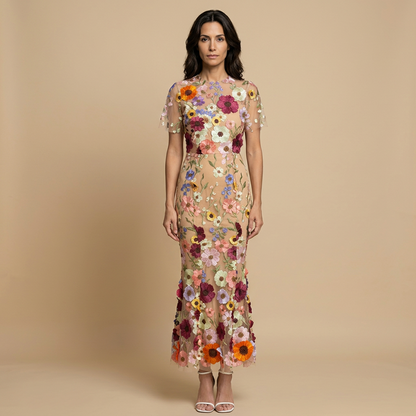 Vestido Largo Mujer de Tul Bordado Floral con Apliques 3D