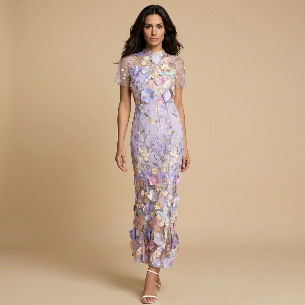 Vestido Largo Mujer de Tul Bordado Floral con Apliques 3D