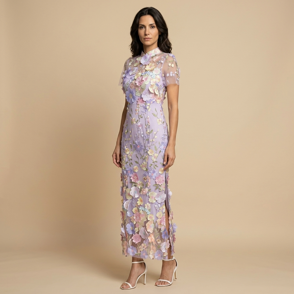 Vestido Largo Mujer de Tul Bordado Floral con Apliques 3D