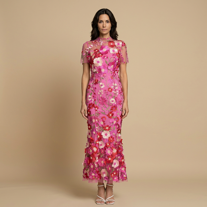 Vestido Largo Mujer de Tul Bordado Floral con Apliques 3D