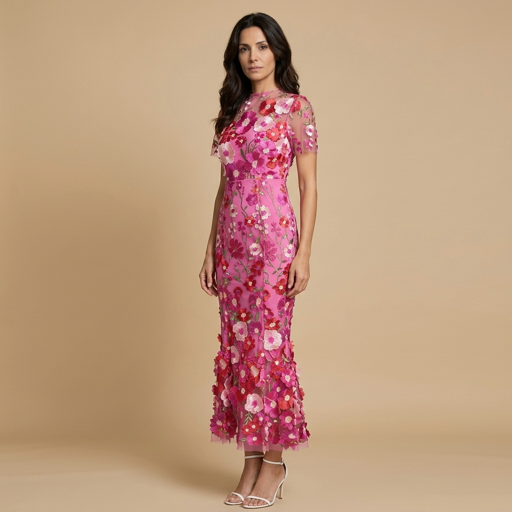 Vestido Largo Mujer de Tul Bordado Floral con Apliques 3D