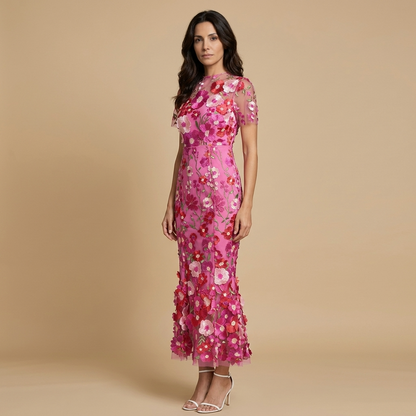 Vestido Largo Mujer de Tul Bordado Floral con Apliques 3D