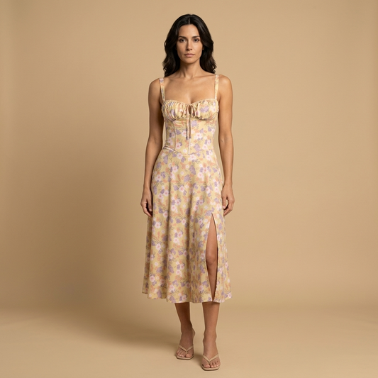 Vestido Midi Mujer con Corset y Tirantes Abertura Lateral - Mavetta