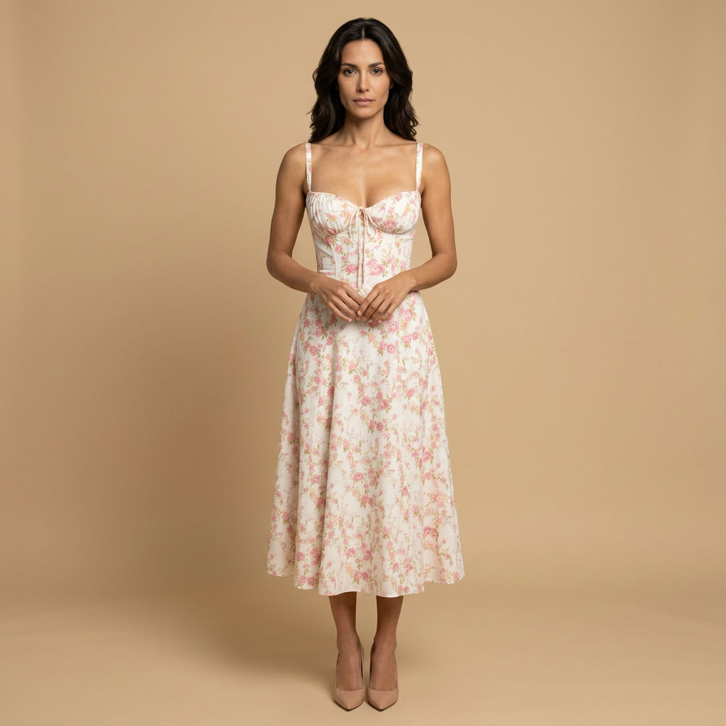 Vestido Midi Mujer con Corset y Tirantes Abertura Lateral