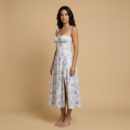 Vestido Midi Mujer con Corset y Tirantes Abertura Lateral