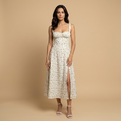 Vestido Midi Mujer con Corset y Tirantes Abertura Lateral