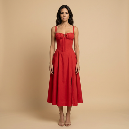Vestido Midi Mujer con Corset y Tirantes Abertura Lateral