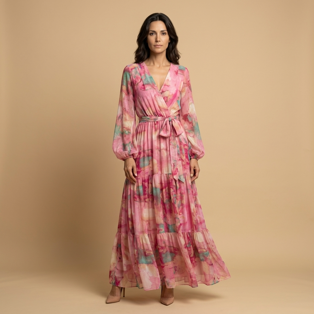 Vestido Largo Mujer Estampado Floral Manga Globo Cinturón - Mavetta
