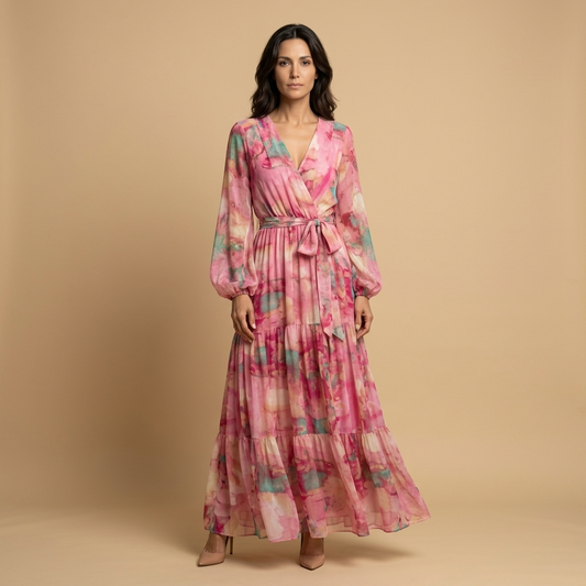 Vestido Largo Mujer Estampado Floral Manga Globo Cinturón - Mavetta