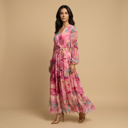 Vestido Largo Mujer Estampado Floral Manga Globo Cinturón