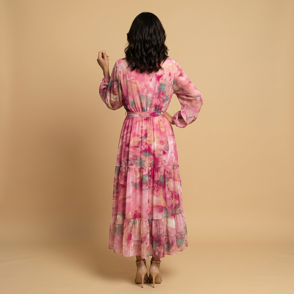 Vestido Largo Mujer Estampado Floral Manga Globo Cinturón
