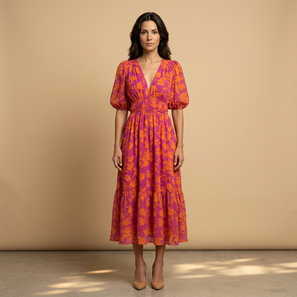 Vestido Midi Mujer Floral Smocking Manga Globo Escote en V - Mavetta
