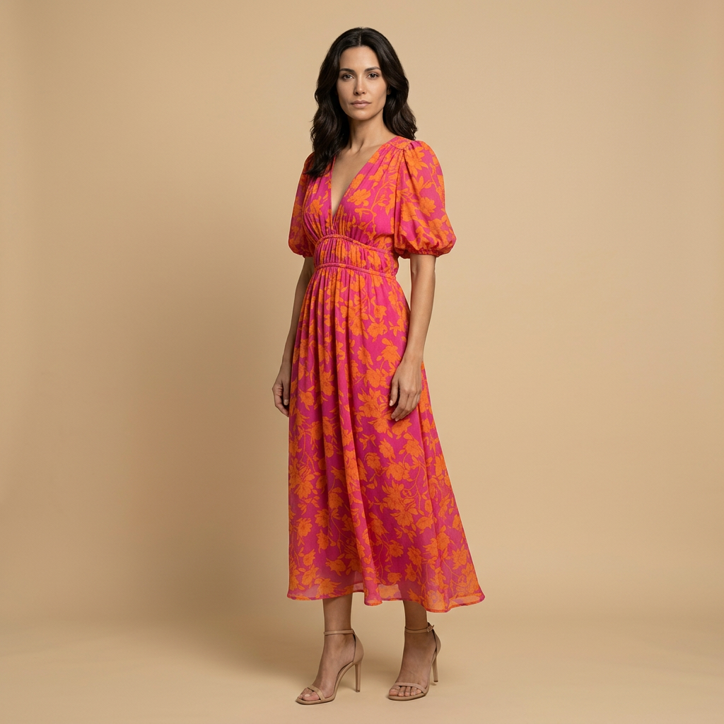 Vestido Midi Mujer Floral Smocking Manga Globo Escote en V