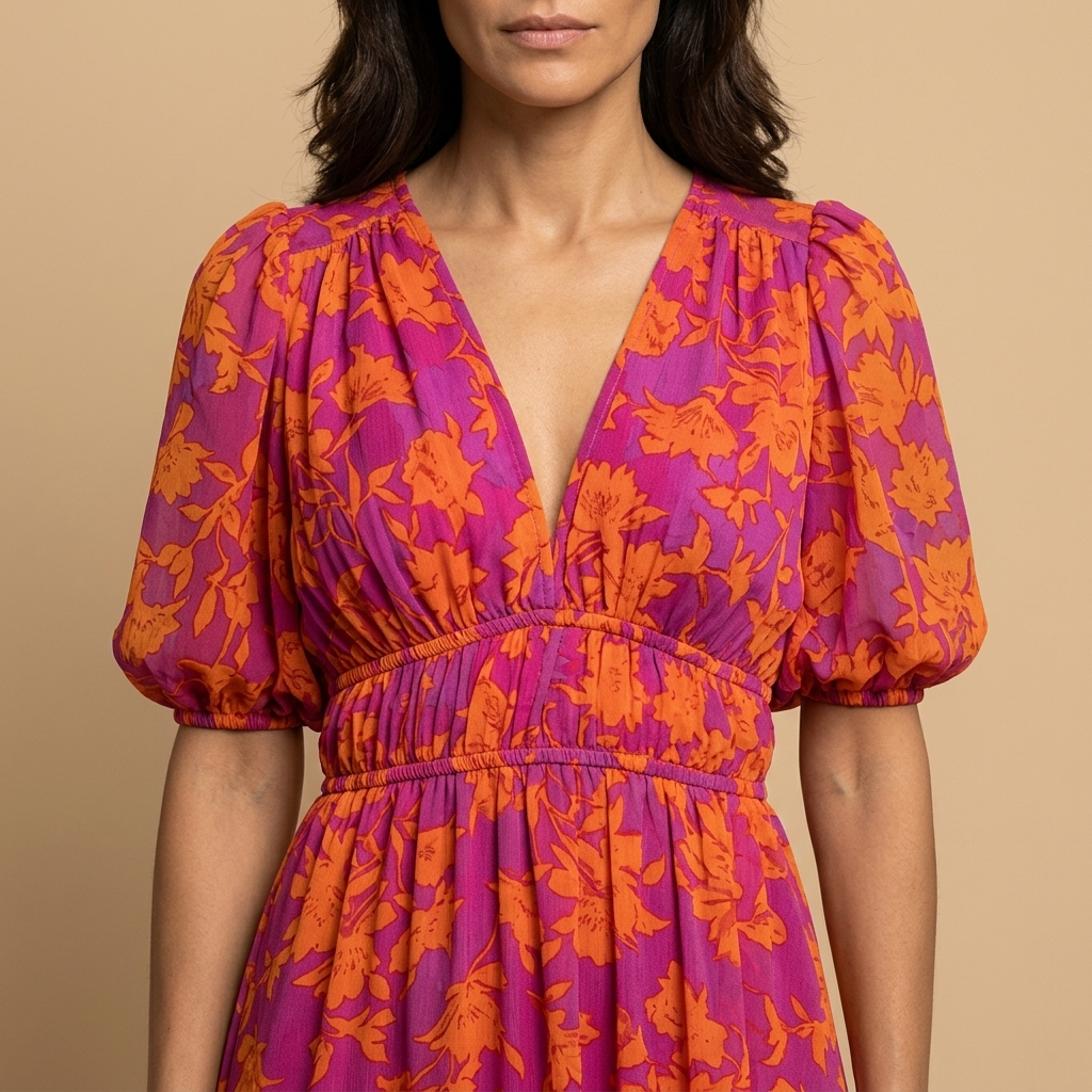 Vestido Midi Mujer Floral Smocking Manga Globo Escote en V