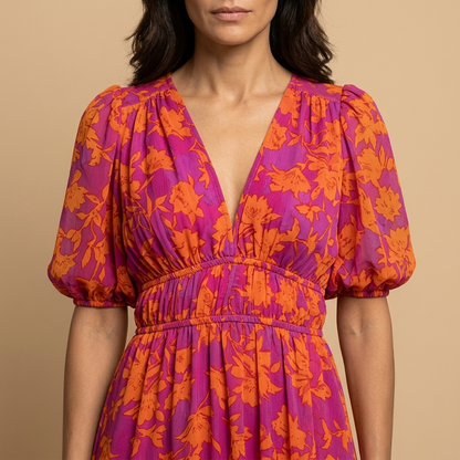 Vestido Midi Mujer Floral Smocking Manga Globo Escote en V