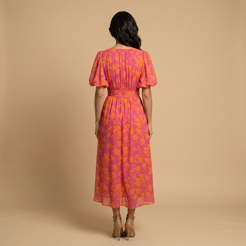 Vestido Midi Mujer Floral Smocking Manga Globo Escote en V