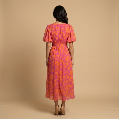 Vestido Midi Mujer Floral Smocking Manga Globo Escote en V