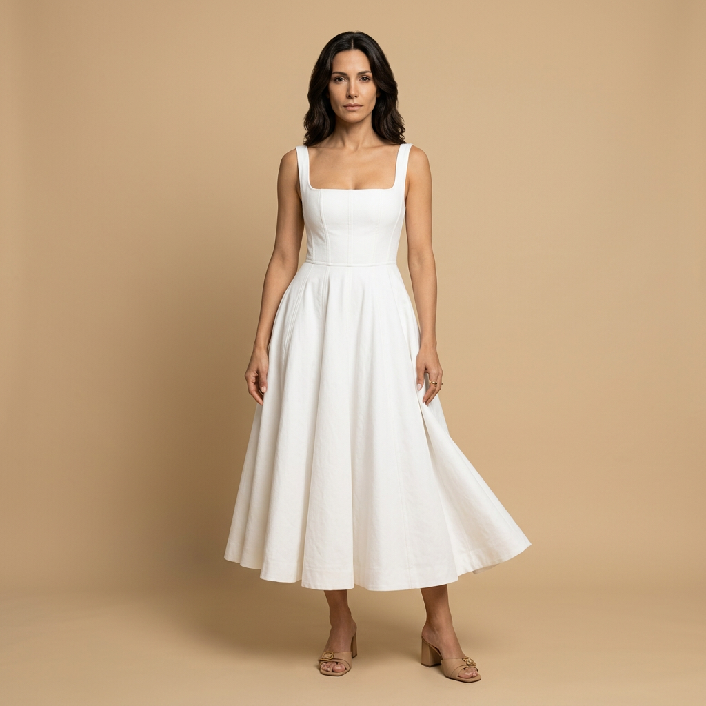 Vestido Midi Mujer de Lino Corset Escote Cuadrado Falda de Vuelo - Mavetta