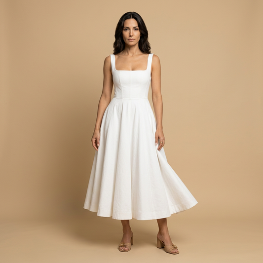 Vestido Midi Mujer de Lino Corset Escote Cuadrado Falda de Vuelo - Mavetta
