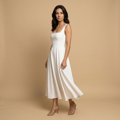 Vestido Midi Mujer de Lino Corset Escote Cuadrado Falda de Vuelo