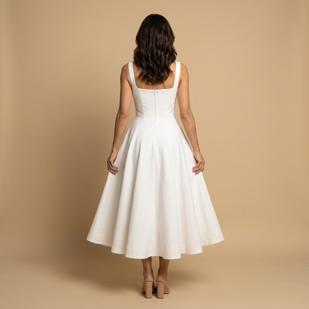 Vestido Midi Mujer de Lino Corset Escote Cuadrado Falda de Vuelo